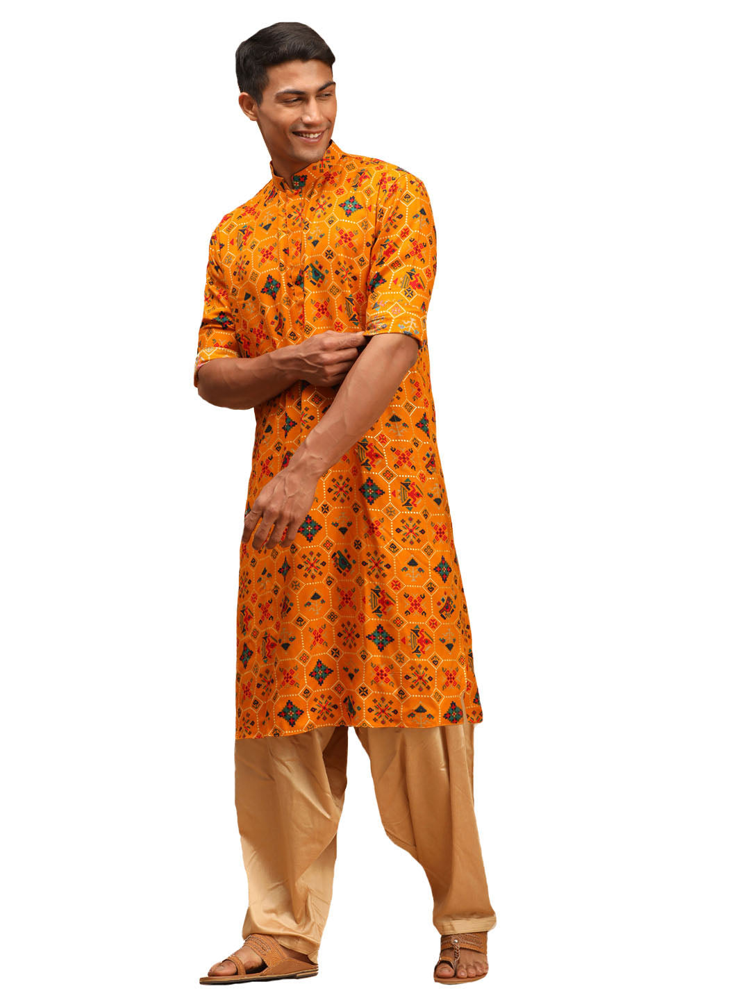 Vastramay Men's Yellow And Rose Gold Cotton Blend Kurta And Patiala Set - Distacart