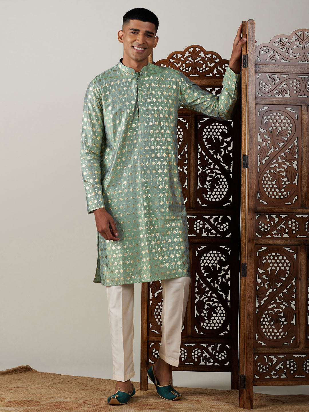 Vastramay Men's Green And Cream Viscose Kurta Pyjama Set - Distacart