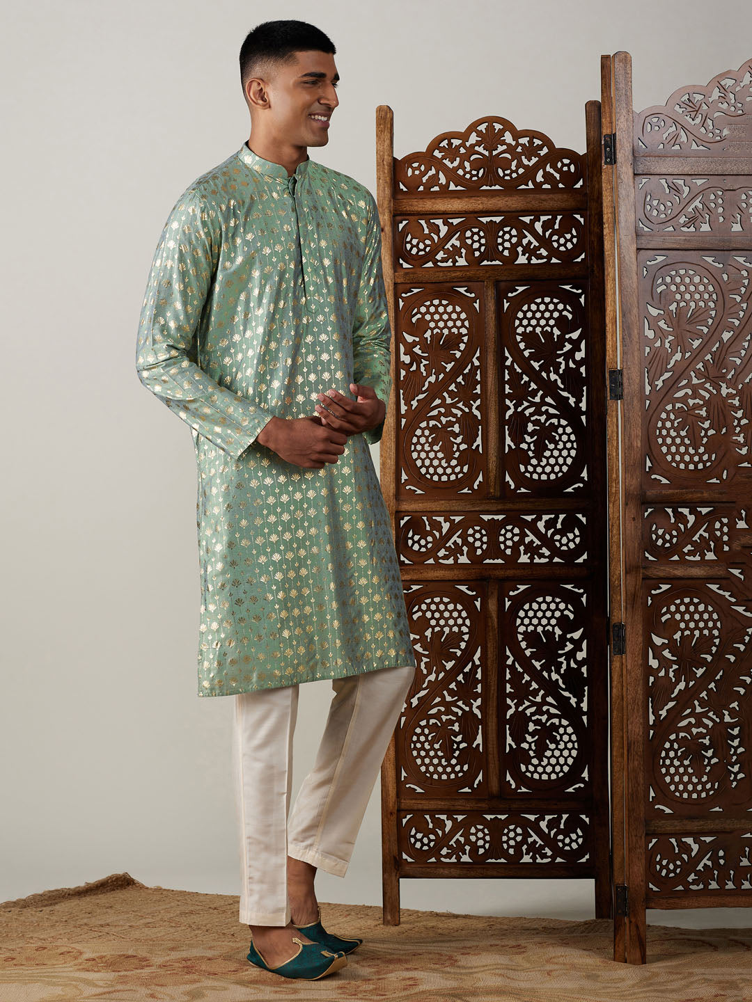 Vastramay Men's Green And Cream Viscose Kurta Pyjama Set - Distacart