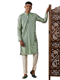 Thumbnail for Vastramay Men's Green And Cream Viscose Kurta Pyjama Set - Distacart