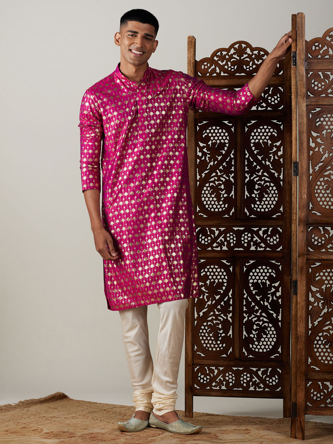 Vastramay Men's Pink And Cream Viscose Kurta Pyjama Set - Distacart