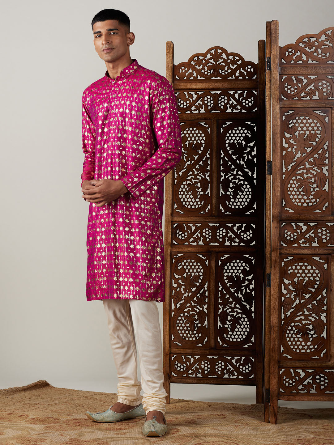 Vastramay Men's Pink And Cream Viscose Kurta Pyjama Set - Distacart