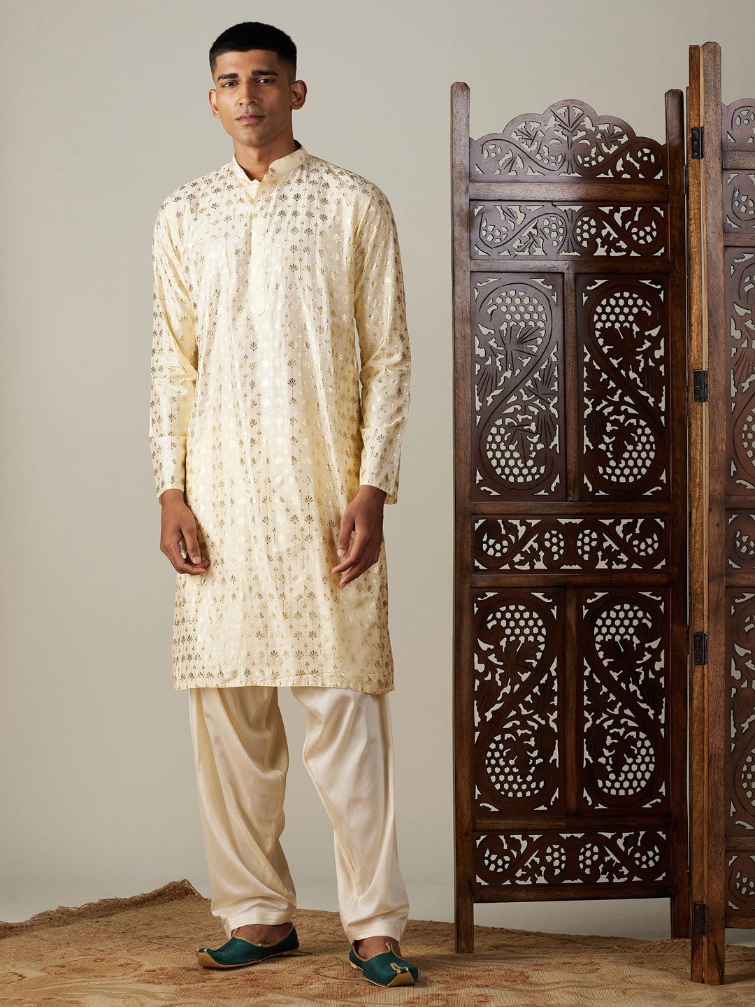 Vastramay Men's Gold And Cream Viscose Kurta And Patiala Set - Distacart