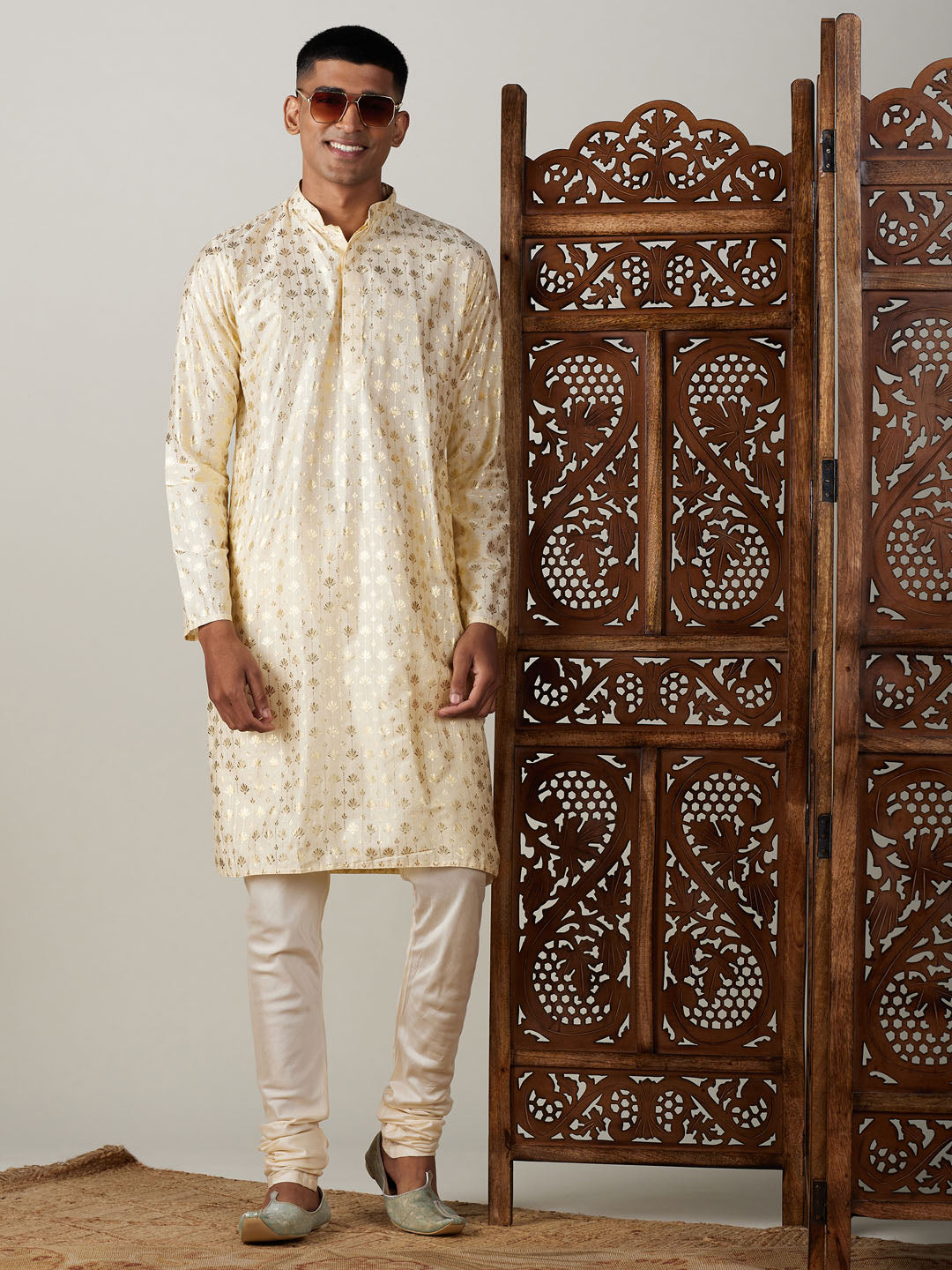 Vastramay Men's Gold And Cream Viscose Kurta Pyjama Set - Distacart