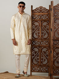 Thumbnail for Vastramay Men's Gold And Cream Viscose Kurta Pyjama Set - Distacart