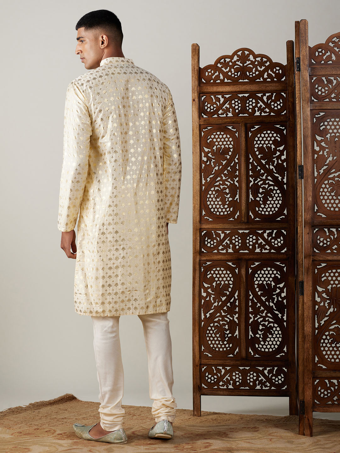 Vastramay Men's Gold And Cream Viscose Kurta Pyjama Set - Distacart