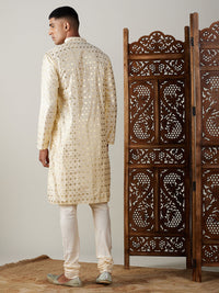 Thumbnail for Vastramay Men's Gold And Cream Viscose Kurta Pyjama Set - Distacart
