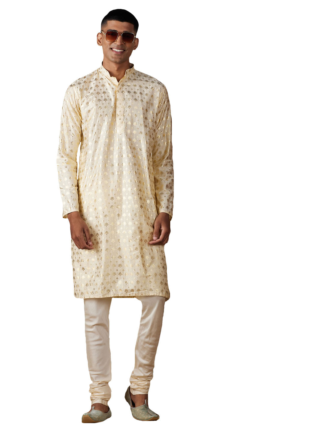 Vastramay Men's Gold And Cream Viscose Kurta Pyjama Set - Distacart