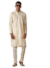 Thumbnail for Vastramay Men's Gold And Cream Viscose Kurta Pyjama Set - Distacart