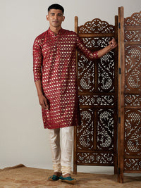 Thumbnail for Vastramay Men's Maroon And Cream Viscose Kurta Pyjama Set - Distacart