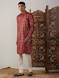 Thumbnail for Vastramay Men's Maroon And Cream Viscose Kurta Pyjama Set - Distacart