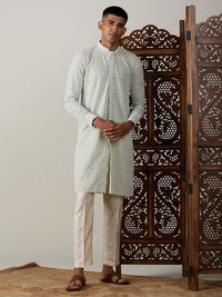 Thumbnail for Vastramay Men's Green Georgette Kurta & Pyjama - Distacart