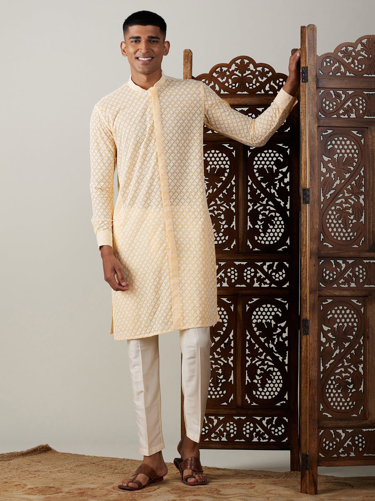 Vastramay Men's Yellow Georgette Kurta & Pyjama - Distacart