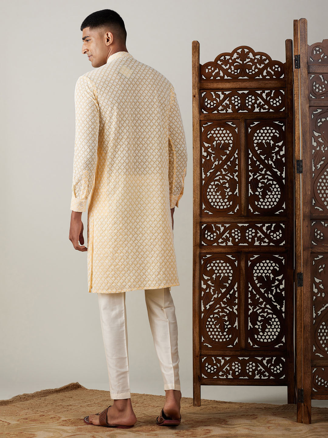 Vastramay Men's Yellow Georgette Kurta & Pyjama - Distacart