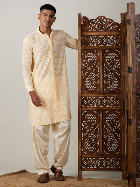 Vastramay Men's Yellow Georgette Kurta & Patiala - Distacart