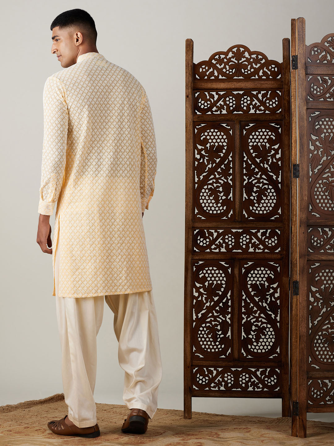 Vastramay Men's Yellow Georgette Kurta & Patiala - Distacart