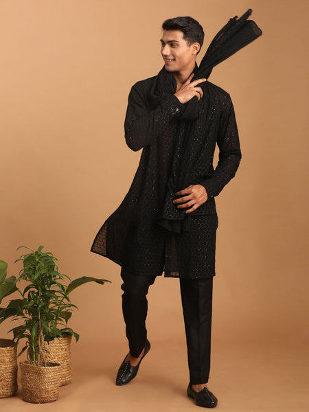 Vastramay Men's Black Georgette Kurta, Pyjama & Dupatta Set - Distacart