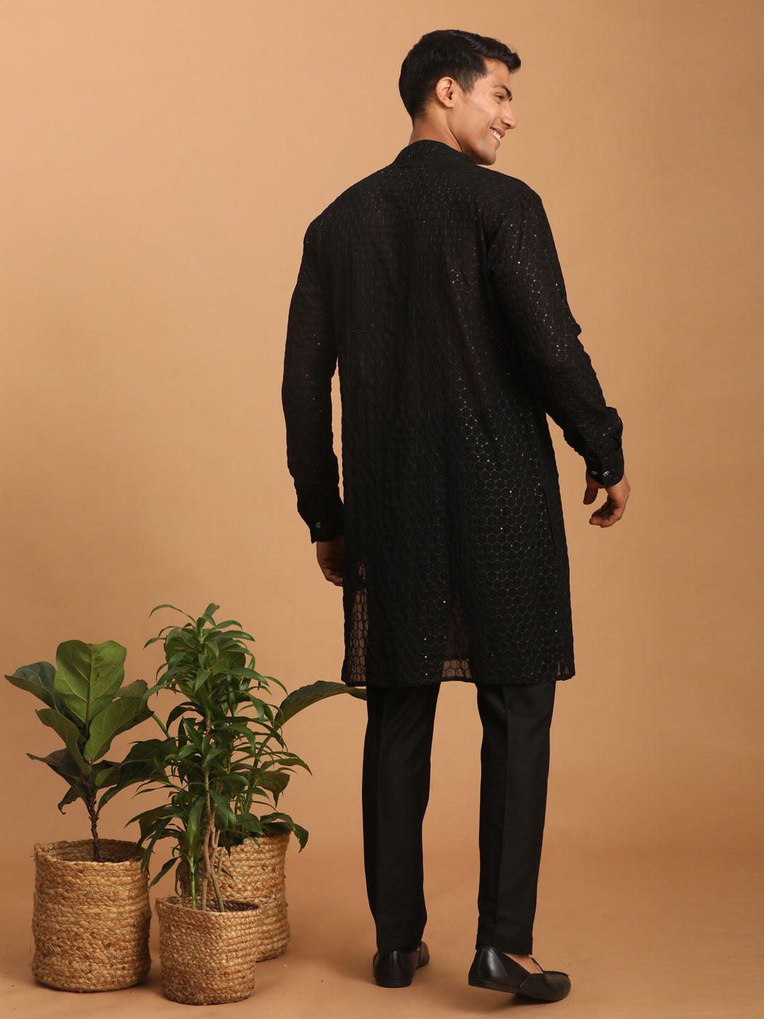 Vastramay Men's Black Georgette Kurta, Pyjama & Dupatta Set - Distacart