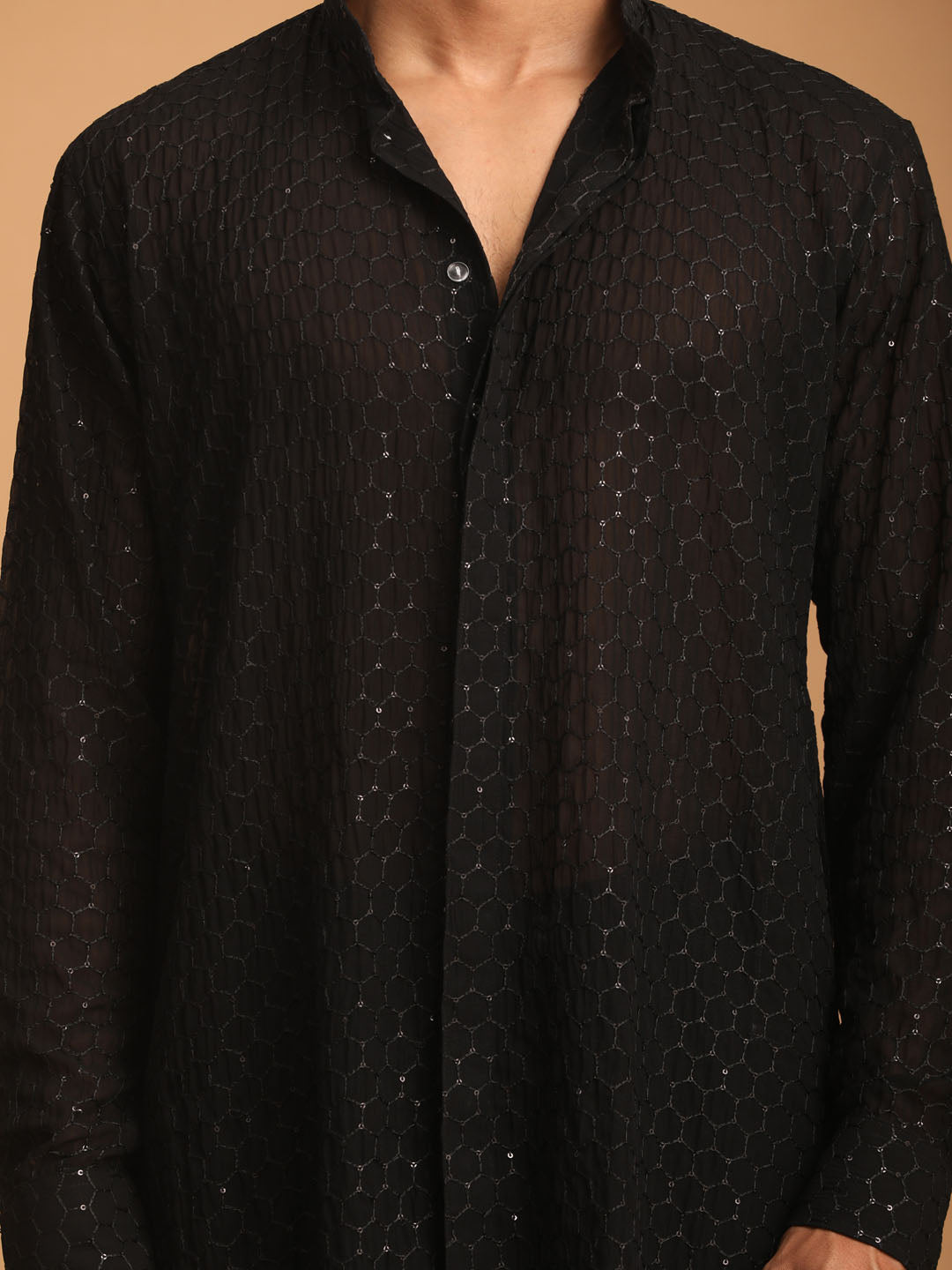 Vastramay Men's Black Georgette Kurta, Pyjama & Dupatta Set - Distacart
