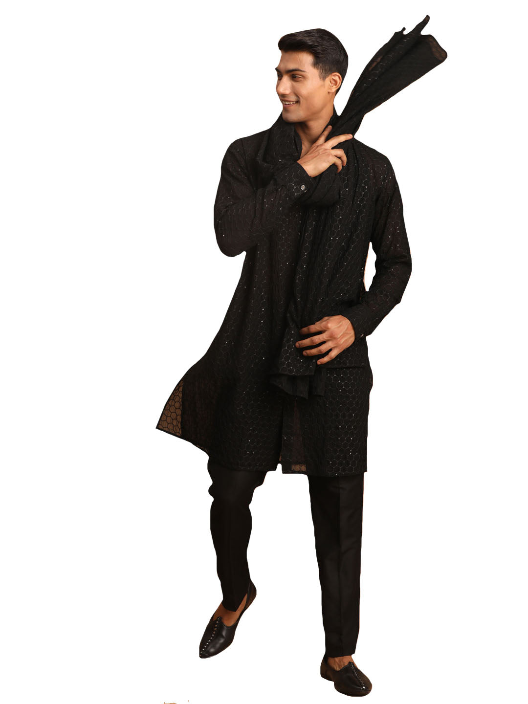 Vastramay Men's Black Georgette Kurta, Pyjama & Dupatta Set - Distacart