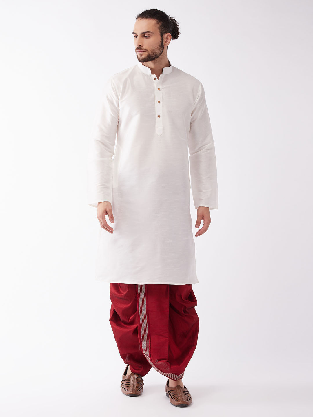Vastramay Men's Solid Kurta And Embroidered Traditional Dhoti Set - Distacart