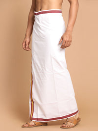 Thumbnail for Vastramay Men's White And Maroon Dhoti/Mundu/Vesty - Distacart