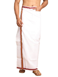 Thumbnail for Vastramay Men's White And Maroon Dhoti/Mundu/Vesty - Distacart