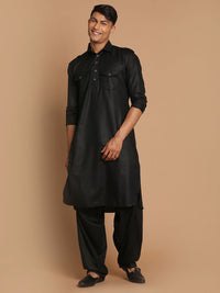 Thumbnail for VM by Vastramay Men's Black Cotton Blend Pathani Kurta Set - Distacart