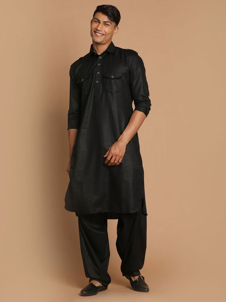 VM by Vastramay Men's Black Cotton Blend Pathani Kurta Set - Distacart