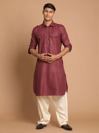 Thumbnail for VM by Vastramay Men's Purple And Cream Cotton Blend Pathani Kurta Set - Distacart