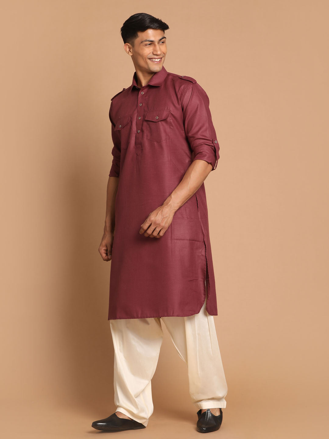 VM by Vastramay Men's Purple And Cream Cotton Blend Pathani Kurta Set - Distacart