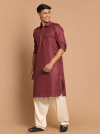 Thumbnail for VM by Vastramay Men's Purple And Cream Cotton Blend Pathani Kurta Set - Distacart