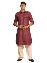 Thumbnail for VM by Vastramay Men's Purple And Cream Cotton Blend Pathani Kurta Set - Distacart
