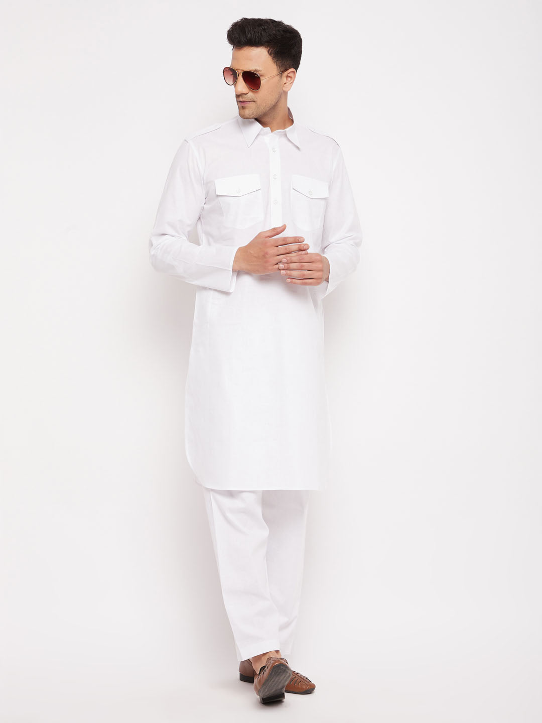 Vastramay Men's White Cotton Blend Pathani Kurta Set - Distacart