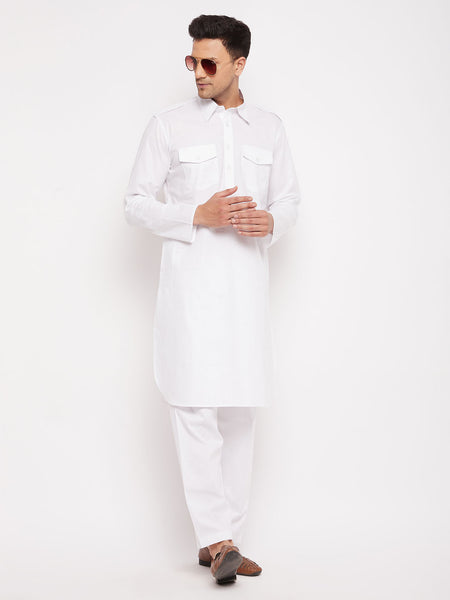 Vastramay Men's White Cotton Blend Pathani Kurta Set - Distacart