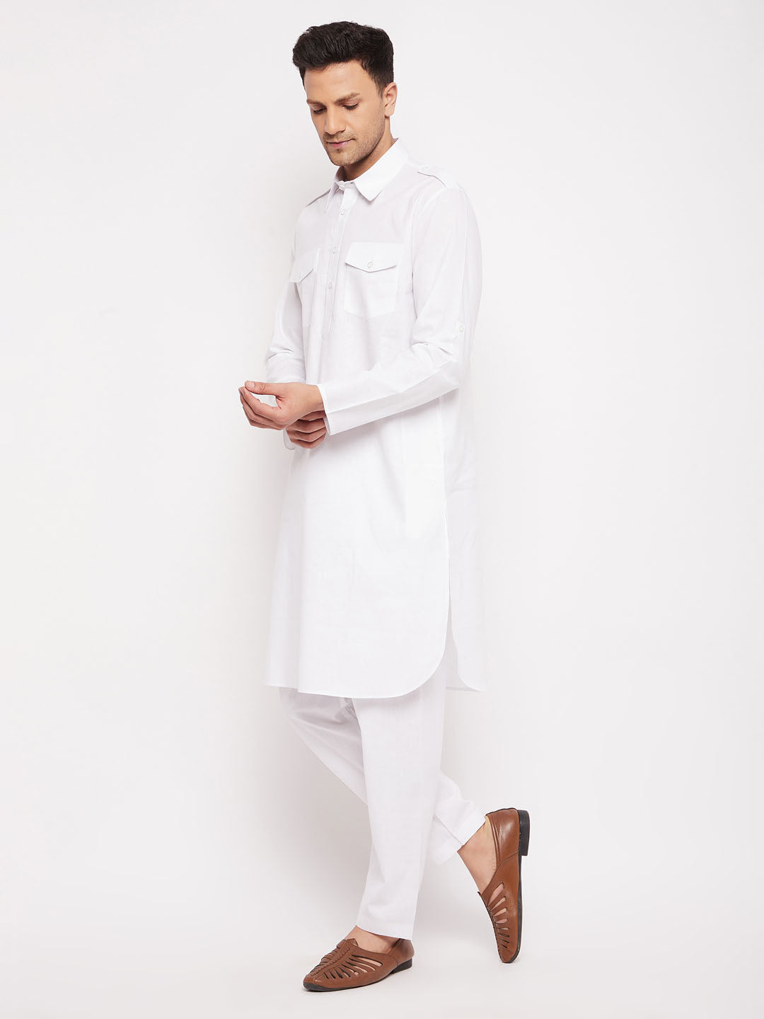 Vastramay Men's White Cotton Blend Pathani Kurta Set - Distacart