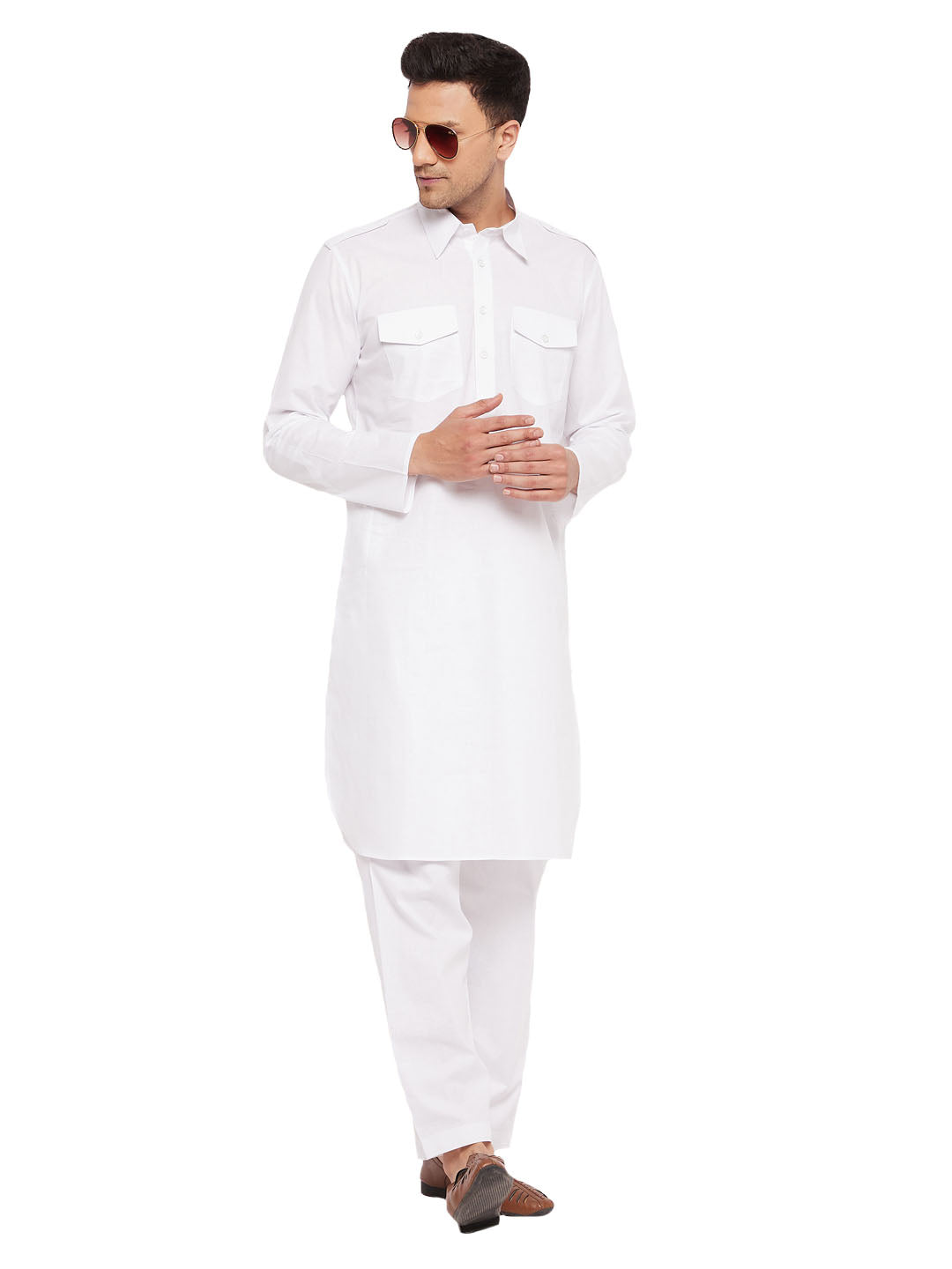 Vastramay Men's White Cotton Blend Pathani Kurta Set - Distacart