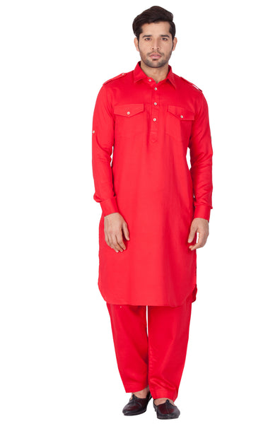 Vastramay Men's Red Cotton Blend Pathani Kurta Set - Distacart
