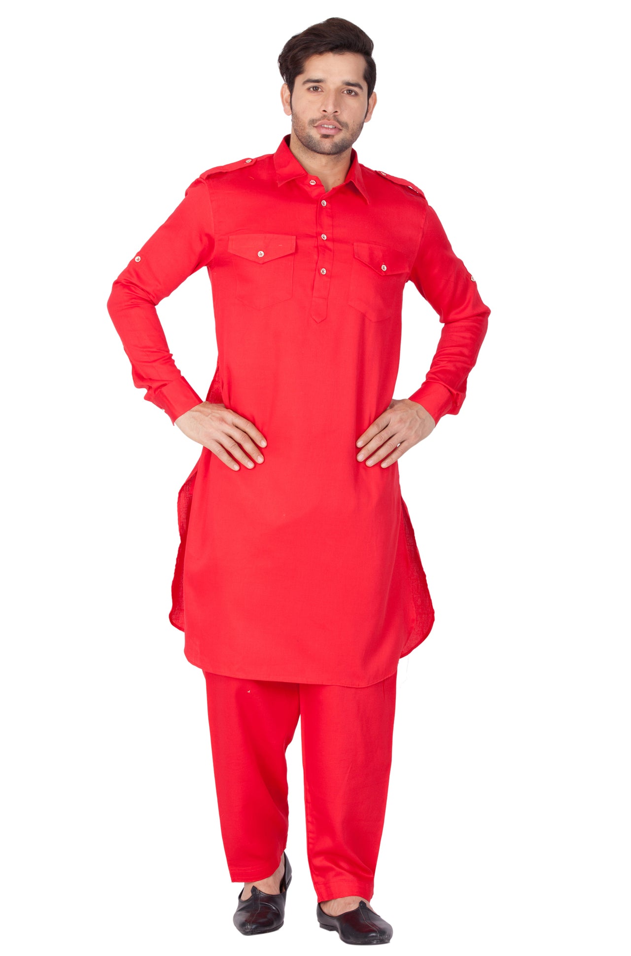 Vastramay Men's Red Cotton Blend Pathani Kurta Set - Distacart