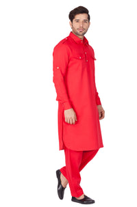Thumbnail for Vastramay Men's Red Cotton Blend Pathani Kurta Set - Distacart