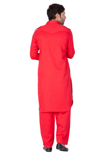 Thumbnail for Vastramay Men's Red Cotton Blend Pathani Kurta Set - Distacart