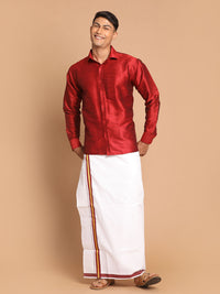 Thumbnail for VM by Vastramay Men's Maroon And White Silk Blend Shirt And Mundu - Distacart