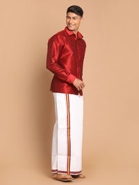Thumbnail for VM by Vastramay Men's Maroon And White Silk Blend Shirt And Mundu - Distacart