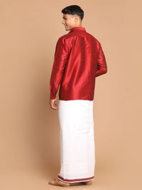 Thumbnail for VM by Vastramay Men's Maroon And White Silk Blend Shirt And Mundu - Distacart