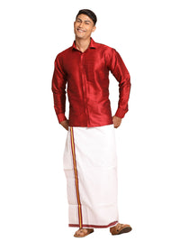 Thumbnail for VM by Vastramay Men's Maroon And White Silk Blend Shirt And Mundu - Distacart