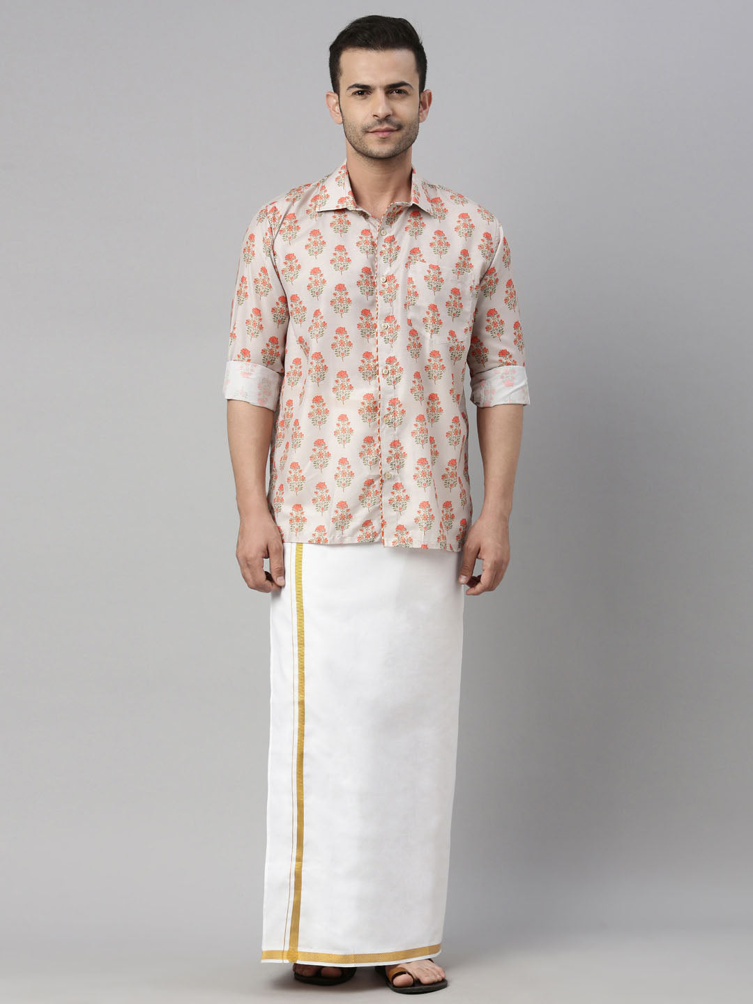 Vastramay Men's Multicolor-Base-Beige And White Muslin Blend Shirt And Mundu - Distacart