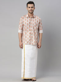 Thumbnail for Vastramay Men's Multicolor-Base-Beige And White Muslin Blend Shirt And Mundu - Distacart
