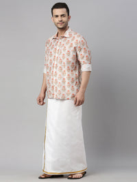 Thumbnail for Vastramay Men's Multicolor-Base-Beige And White Muslin Blend Shirt And Mundu - Distacart