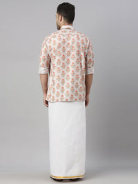Thumbnail for Vastramay Men's Multicolor-Base-Beige And White Muslin Blend Shirt And Mundu - Distacart