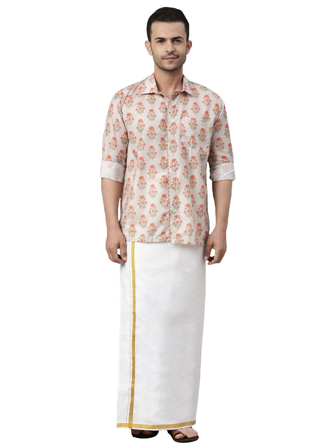 Vastramay Men's Multicolor-Base-Beige And White Muslin Blend Shirt And Mundu - Distacart